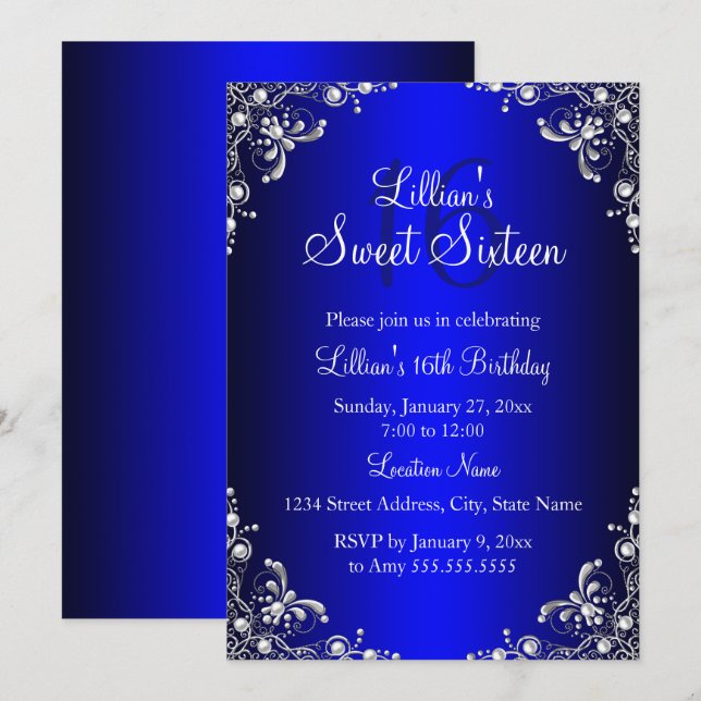 Invitación Royal Blue Sweet 16 Perla Plateada Damask (Anverso / Reverso)