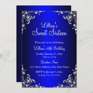 Invitación Royal Blue Sweet 16 Silver Pearl Damask