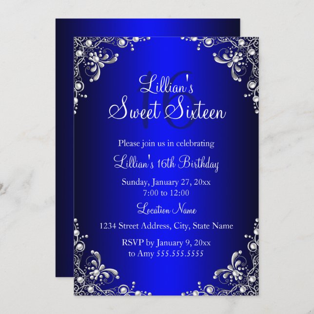 Invitación Royal Blue Sweet 16 Silver Pearl Damask (Anverso / Reverso)