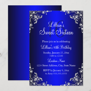 Invitación Royal Blue Sweet 16 Silver Pearl Damask