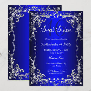 Invitación Royal Blue Sweet 16 Silver Pearl Damask fiesta