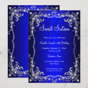 Invitación Royal Blue Sweet 16 Silver Pearl Damask fiesta