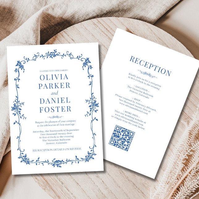 Invitación Royal Blue Victorian QR Code All in One Wedding  (Subido por el creador)