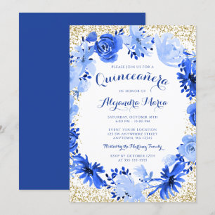 Invitación Royal Blue Watercolor Floral Gold Quinceanera