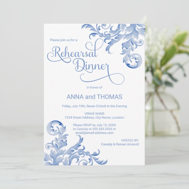 Invitación Royal Blue Watercolor Flourisal Ensayo Cena (Anverso de pie)