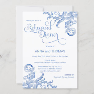 Invitación Royal Blue Watercolor Flourisal Ensayo Cena