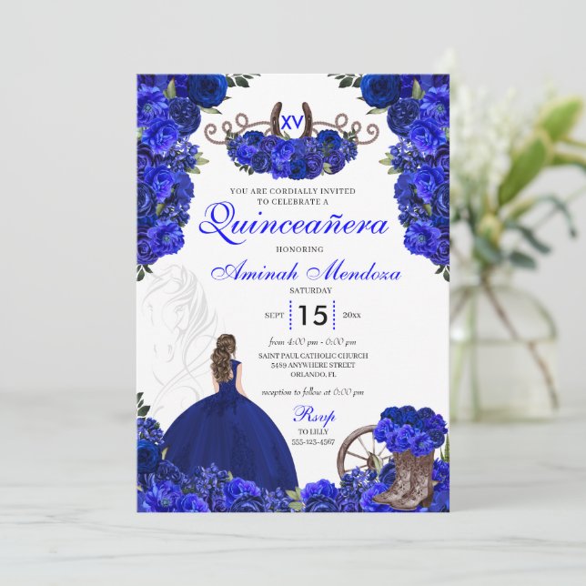 Invitación Royal Blue Western Princess Charro Quinceanera (Anverso de pie)