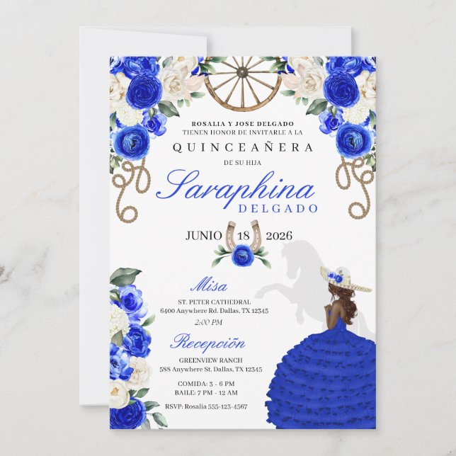 Invitación Royal Blue Western Sombrero Mariachi Quinceañera (Anverso)