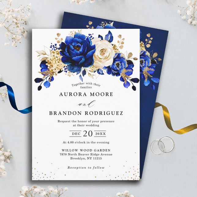 Invitación Royal Blue White Gold Metallic Boda Floral Invi (Royal blue gold floral wedding invitation)