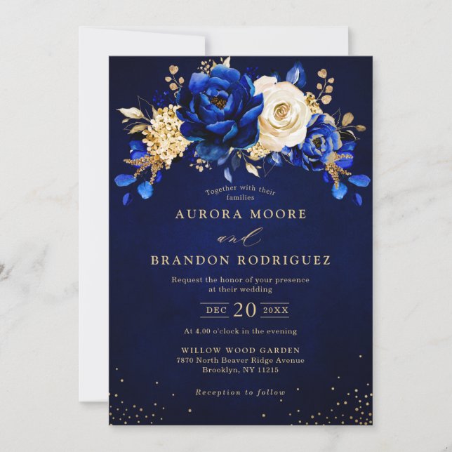 Invitación Royal Blue White Gold Metallic Boda Floral Invi (Anverso)