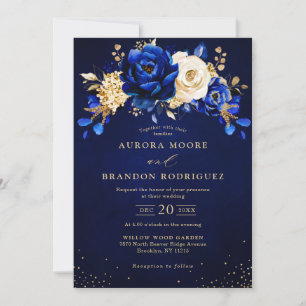 Invitación Royal Blue White Gold Metallic Boda Floral Invi