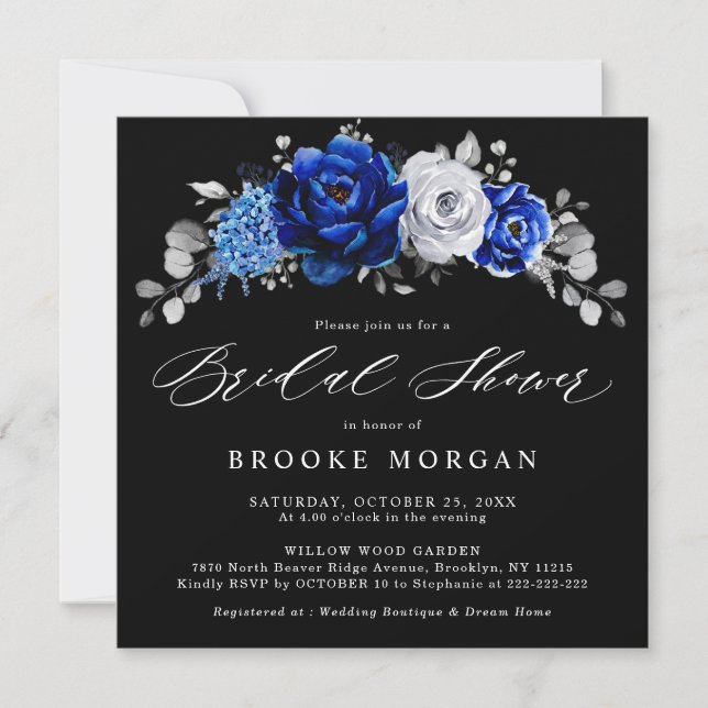 Invitación Royal Blue White Silver Metallic Bridal Shower Inv (Anverso)