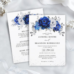 Invitación Royal Blue White Silver Todo en un Boda floral