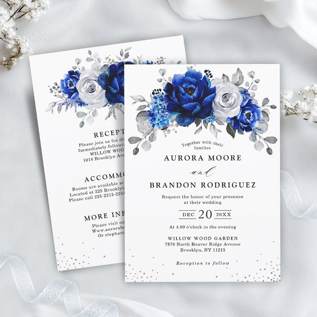 Invitación Royal Blue White Silver Todo en un Boda floral (Royal Blue White Silver Details on Back all in one  Wedding Invitation)