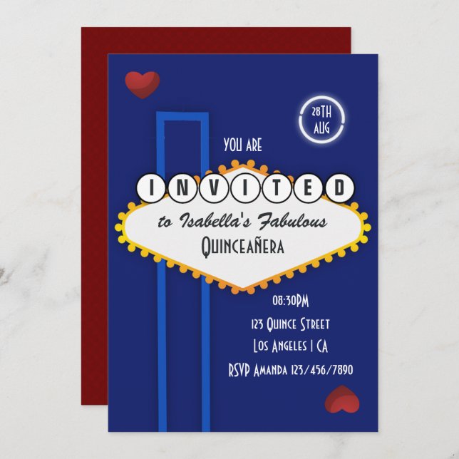 Invitación Royal Blue y Burgundy Las Vegas Quinceañera