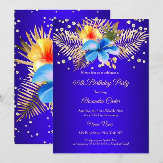 Invitación Royal blue Yellow floral Birthday Party (Anverso / Reverso)