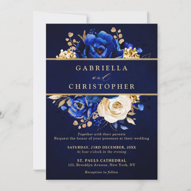 Invitación Royal Blue Yellow Gold Floral Bridal Shower Invita (Anverso)