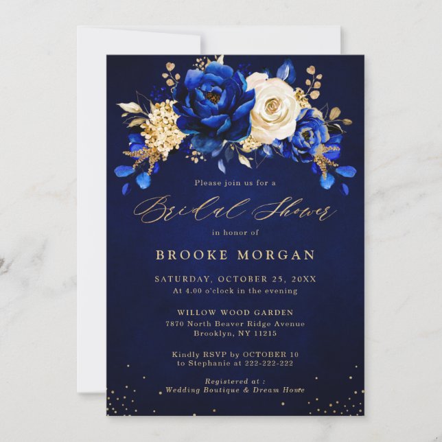 Invitación Royal Blue Yellow Gold Floral Bridal Shower Invita (Anverso)