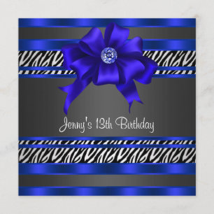 Invitación Royal Blue Zebra Chicas 13th Birthday Party