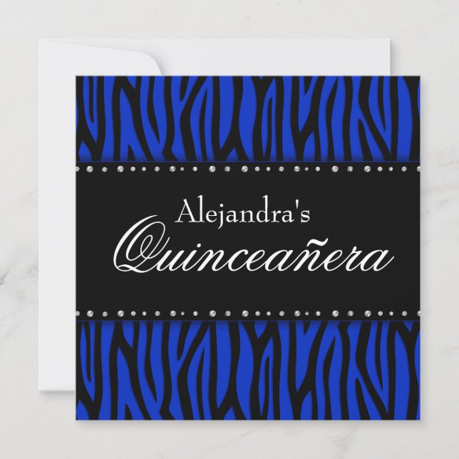 Invitación Royal Blue Zebra Diamonds Quinceanera (Anverso)