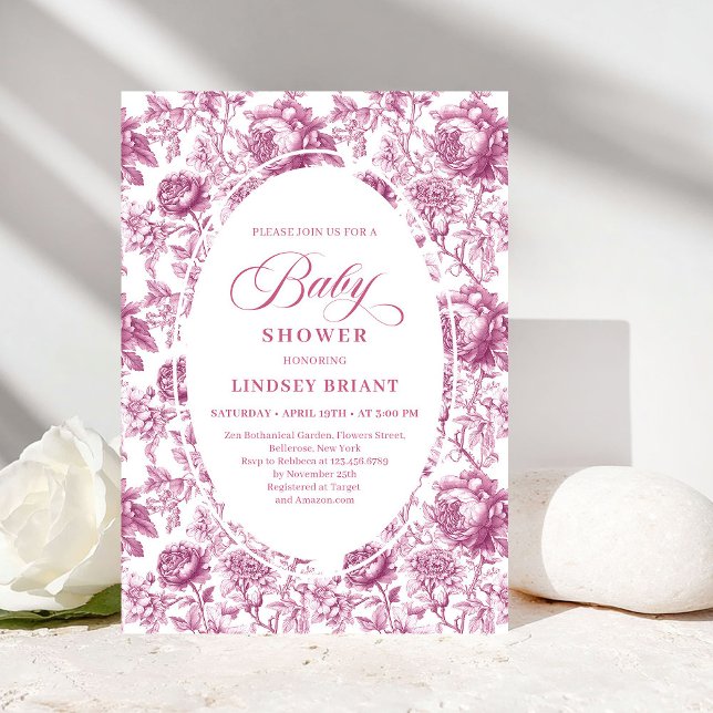 Invitación Royal Blush Rose Pattern Toile Baby Shower Invite (Royal Blush Rose Pattern Toile Baby Shower Invitation)
