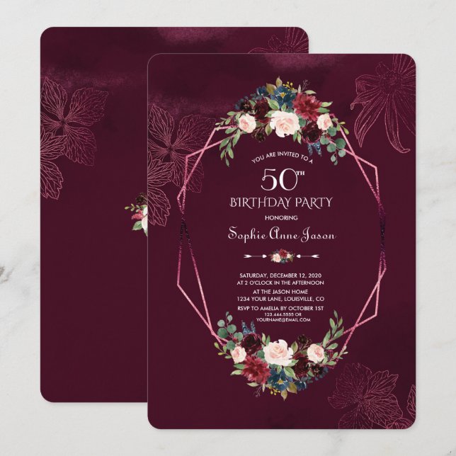 Invitación Royal Burgundy Floral Geométrica 50 cumpleaños (Anverso / Reverso)