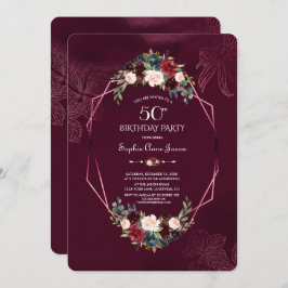 Invitación Royal Burgundy Floral Geométrica 50 cumpleaños