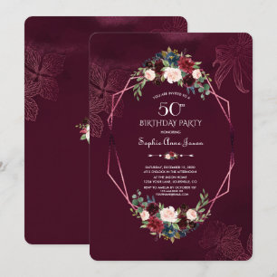 Invitación Royal Burgundy Floral Geométrica 50 cumpleaños