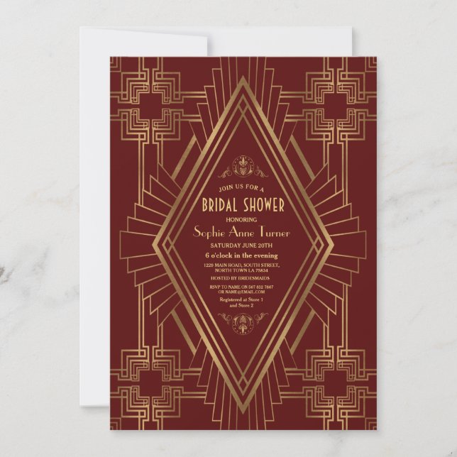 Invitación Royal Burgundy Gold Great Gatsby Bridal Shower (Anverso)