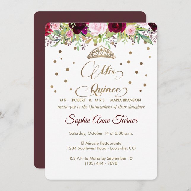 Invitación Royal Burgundy Gold Mis Quince Script Quinceañera (Anverso / Reverso)