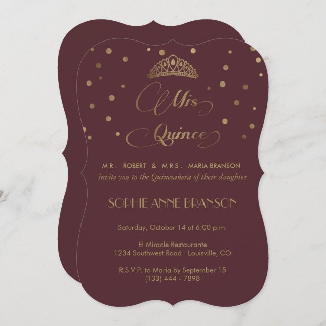 Invitación Royal Burgundy Gold Mis Quince Script Quinceañera (Anverso / Reverso)