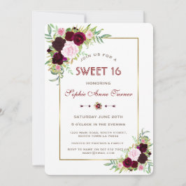 Invitación Royal Burgundy Marsala Floral Gold Sweet 16