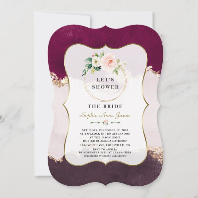 Invitación Royal Burgundy Pink Flowers Gold Bridal Shower (Anverso)