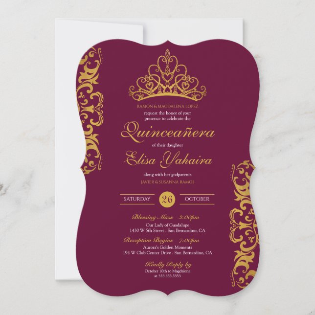 Invitación Royal Burgundy Plum Gold Elegance Crown Quinceañer (Anverso)