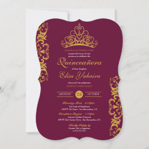 Invitación Royal Burgundy Plum Gold Elegance Crown Quinceañer