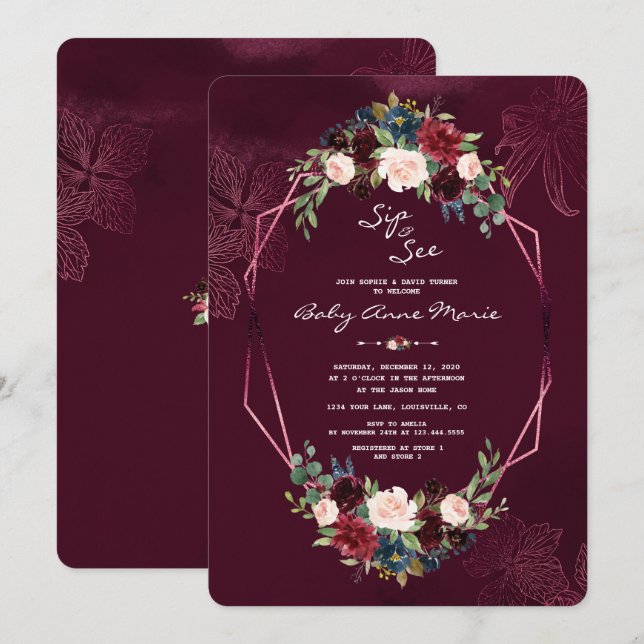 Invitación Royal Burgundy Rubor Floral Sip & See Baby Shower (Anverso / Reverso)