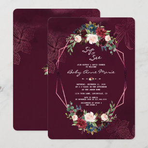 Invitación Royal Burgundy Rubor Floral Sip & See Baby Shower