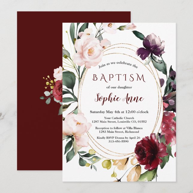 Invitación Royal Burgundy Rubor florece bautismo Chica de oro (Anverso / Reverso)