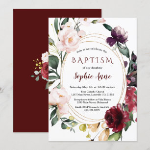 Invitación Royal Burgundy Rubor florece bautismo Chica de oro