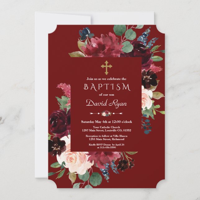 Invitación Royal Burgundy Rubor Flores Baptismo de la Cruz de (Anverso)