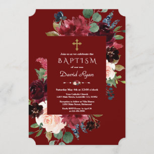 Invitación Royal Burgundy Rubor Flores Baptismo de la Cruz de