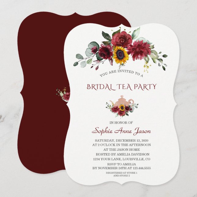 Invitación Royal Burgundy Sunflower Bridal Tea Fiesta (Anverso / Reverso)