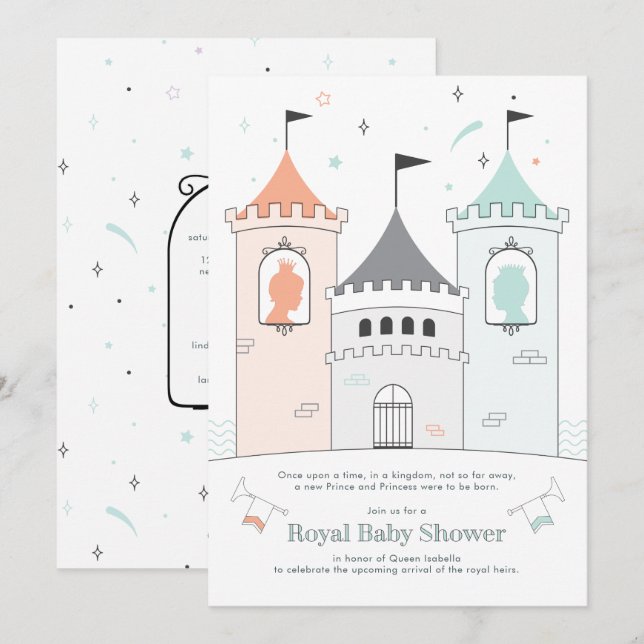Invitación Royal Castle Boy Chica Twin Baby Shower (Anverso / Reverso)