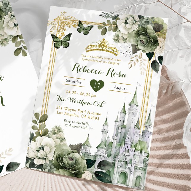 Invitación Royal Castle Crown Sage Green Royal Quinceañera (Subido por el creador)