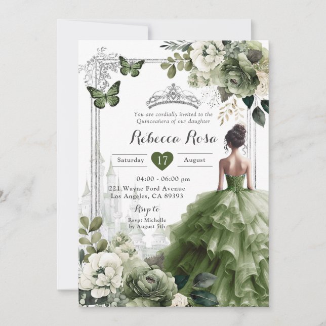 Invitación Royal Castle Princess Silver Sage Green 15 Años (Anverso)
