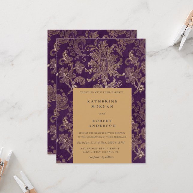 Invitación Royal Damask Gold Elegant Purple Boda (Anverso/Reverso In Situ)