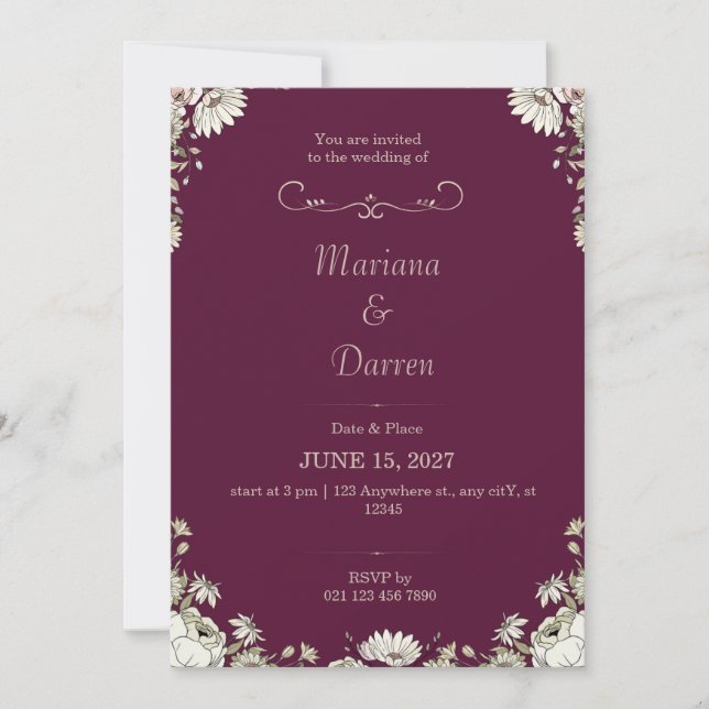 Invitación Royal Deep Purple & White Floral Wedding Invite (Anverso)