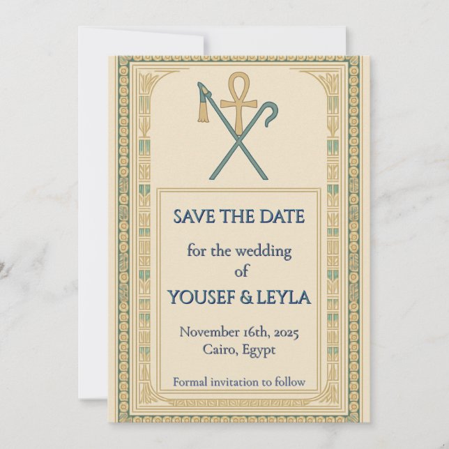Invitación Royal Egyptian Ankh Lotus Gold Save the Date (Anverso)