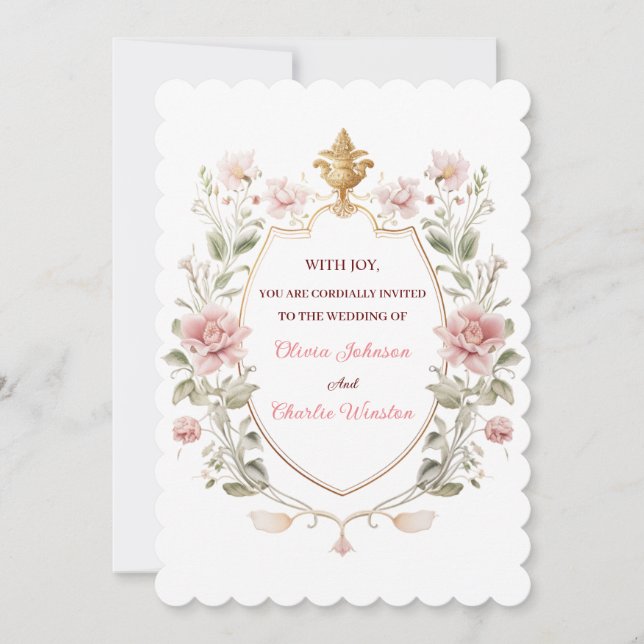 Invitación Royal Elegance Wedding Pink Florals Golden Crest (Anverso)