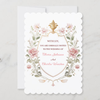 Invitación Royal Elegance Wedding Pink Florals Golden Crest